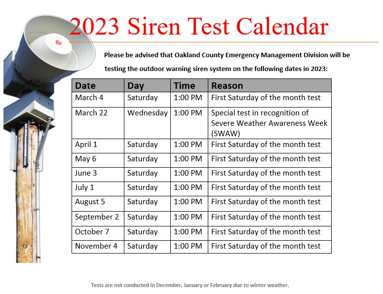 2023 Siren Test Calendar